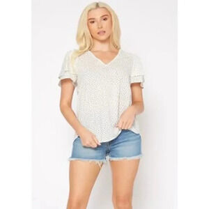 PLEIONE V-Neck Double Ruffle With Smocking Shoulder Top